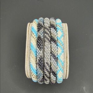 Sashka Co. Set of 5 Elegant Hand Beaded Bracelet Set - Blue, Black, Silver